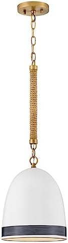 Hinkley Nash 3364HB-BK Small Pendant Light, Bell-Shaped Shade, Hand-Painted Stripe, Jute Rope Accent, Off-White Ceramic w/Black Stripe and Heirloom Brass