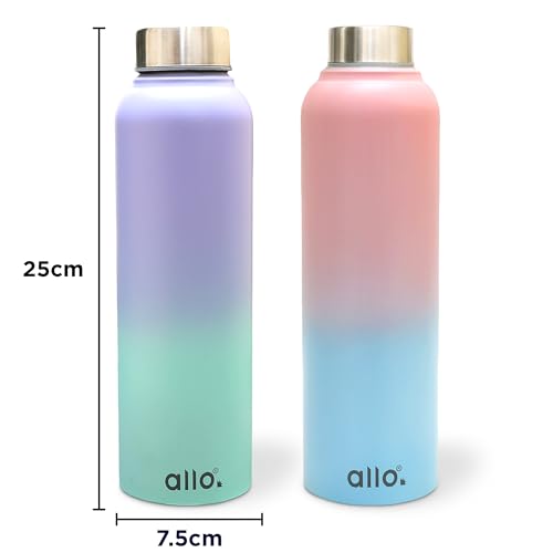 Image of Allo Stainless Steel Water Bottle For Adults, Kids 1 Litre Water Bottles For School, Office, Sports, Gym 1L Water Bottle For Men And Women, Pack Of 2 | Leak Proof, Bpa Free, Pink & Baby Blue Steel Cap