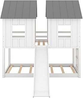 MERITLINE Twin Over Twin Bunk Beds with Slide, House Bunk Bed for Kids with Roof and Windows,Wood Floor Bunk Beds with Guard Rails, Toddlers Bunk Beds for Girls Boys (White)