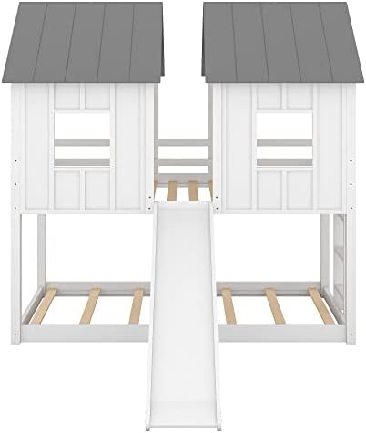 MERITLINE Twin Over Twin Bunk Beds with Slide, House Bunk Bed for Kids with Roof and Windows,Wood Floor Bunk Beds with Guard Rails, Toddlers Bunk Beds for Girls Boys (White)