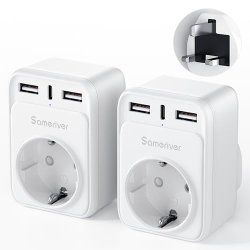Adaptador de Viaje para Reino Enchufe de Inglaterra y Normativa Europea Reino Unido con 2 Puertos USB 1 USB C (3 A) de Enchufe Tipo G para Gran Bretaña Cargador de Pared Estación de Carga (2 Piezas)