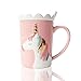 Urocze kubki ceramiczny kubek z jednorożcem zabawny kubek do kawy spersonalizowane unikalne kubki do herbaty mlecznej z koronkową pokrywką i łyżką dla dzieci, kobiet, dziewcząt (różowy)
