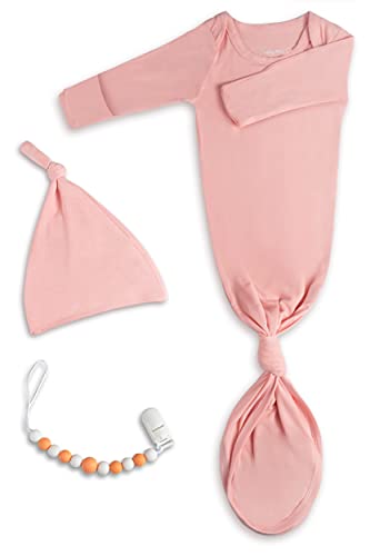Image of Newborn Baby Knotted Gown, Super Soft Silky Infant Long Sleeve Sleeper for Baby Girl with Hat Set