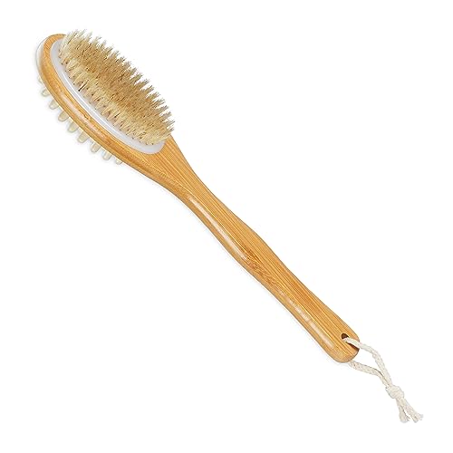 Relaxdays Rückenbürste, doppelseitige Duschbürste, 37 cm lang, Naturborsten und Massagenoppen, zum Duschen, natur/weiß