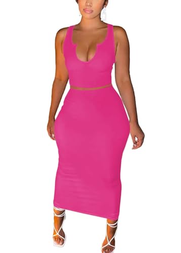 Image of Women Sexy Two Piece Skirt Outfits Long Sleeve /Sleeveless V Neck Bodycon Ribbed Knitted Maxi Club Party Dress