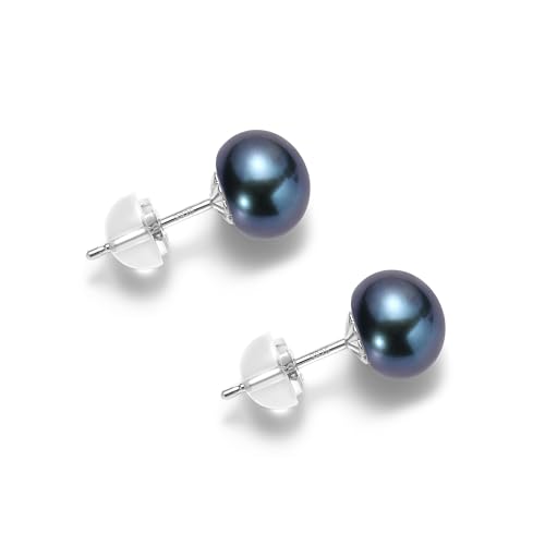 COYATE Pearl Earrings Sterling Silver Freshwater Black Pearl Stud Earrings for Women Hypoallergenic Button Shape Real Pearls 8-8.5mm Simple Elegant Jewelry Gift for Her Mother Bride Friend