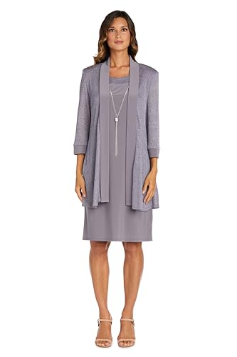 R&M Richards Womens Knee Length Glitter Jacket Set Dress, Silver, 6 US