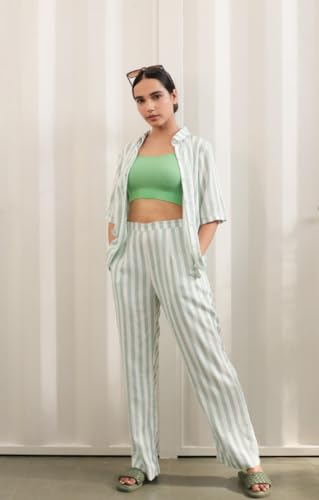 Image of Women's Cotton Loungewear, Nightwear Green and White Stripes Half Sleeves Shirt with Pyjama ; DR.BD-PS-MGSPS