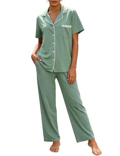 Flygo Womens Button Down Pajama Set Short Sleeve Top Long Pants Soft Loungewear Pjs Set with Pockets(BeanGreen-M)