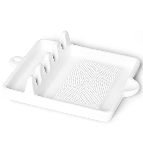 ONTUBE Ceramic Spoon Rest Can Hold Multiple Spoons Spoon Holder Utensil Rest for Home and Kitchen Ceramic Ginger plate 75 Inch White
