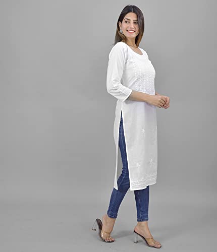 Vrnda Indian Hand Embroidered Lucknowi Chikankari Straight Knee Length White Cotton Kurti Pakistani Long Kurta For Women3