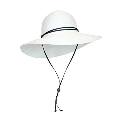 White Packable Cotton Fabric Sun Hat, Wide Circle Brim w/Chin Strap, UPF 50+
