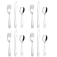 Exzact Children's Cutlery Stainless Steel 12pcs Set/Kids Cutlery - 4 x Forks, 4 x Safe Dinner Knives, 4 x Table Spoons - Engraved Design