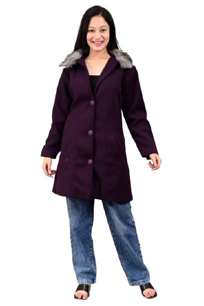 Girls/Women Fur Collar Full Sleeves Tweed Fabric Winter Wear Coat-130 Purple-L-image-5