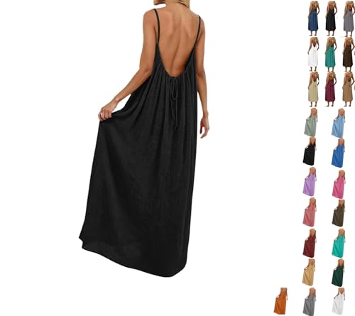 Robe Boheme Chic Caraco Dos Nu sans Manches pour Femme Robes d'été pour la plage Robe Casual Longue Et Fluide à Bretelles Spaghetti Dress Ample...