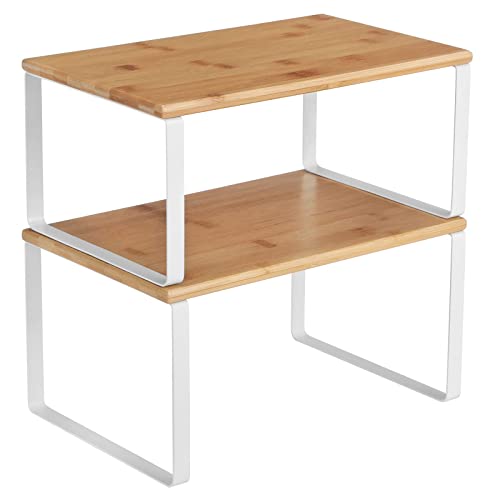 SONGMICS Cabinet Organizer Shelf, Set of 2 Kitchen Counter Shelves, Kitchen Storage, Spice Rack, Stackable, Expandable, Metal and Engineered Wood, Cloud White and Natural Beige UKCS02NW