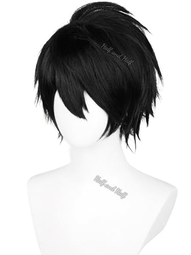 Image of Half and Half Short Black Anime L Note Cosplay Wig for Men Black Emo Costume Gothic Male Wigs with Bangs Layers for Women Unisex Halloween Party