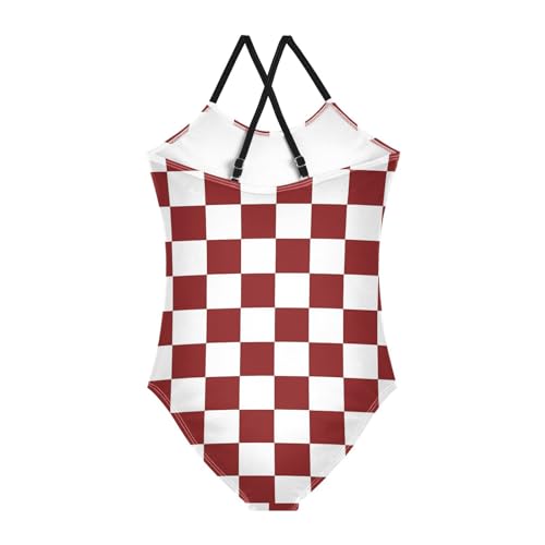 Chessboard Girls One Piece Swimsuits Red and White Sport Halter Swimwear Beach Bathing Suit 9-10T2