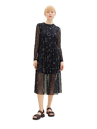 Tom Tailor Denim Damen Mesh Kleid mit Muster, 34261 - Black Letter Print,...