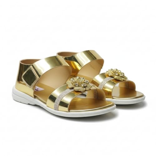 Image of 𝐓𝐫𝐞𝐧𝐝𝐒𝐭𝐚𝐭𝐢𝐨𝐧:-Girls Trendy Sandals with Holographic Floral Strap, Welcro Style, Sandals |