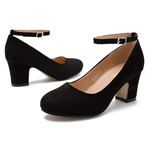 Women's Ankle Strap Low Block Chunky Heels Pumps Closed Round Toe Dress Wedding Office Work Shoes2