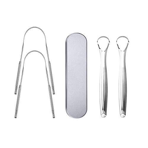 Oexper 4 Pack Stainless Steel Tongue Scraper Cleaners with 1 Metal Carring Case - Surgical Stainless Steel Tongue Brushes Oral Cleaners for Fresh Breath