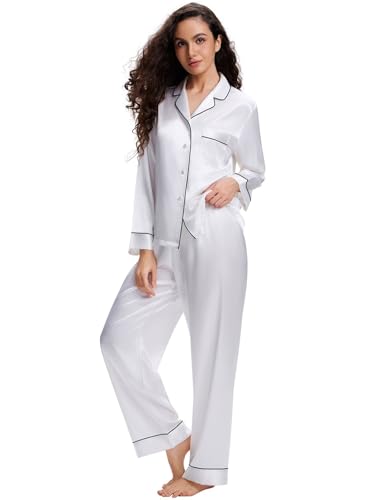 Lonxu Womens Satin Pajamas Set White S