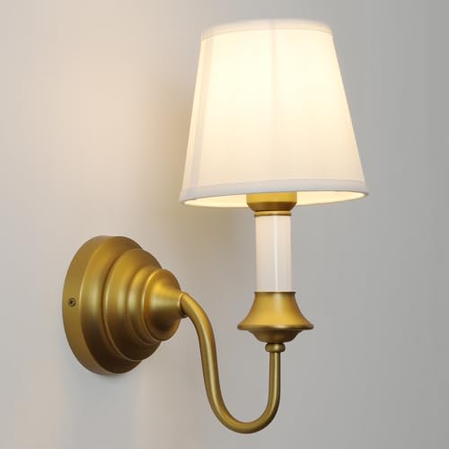 Image of Vintage Fabric Wall Sconce Light with Curved Arm, Rustic Linen Cloth Wall Light Fixtures, Hardwired Brass Wall Mounted Lamp for Bathroom Vanity Bedroom Living Room