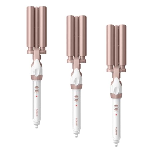 Image of Conair Double Ceramic 3 Barrel Curling Iron,Triple Barrel Waver Tool Creates Deep,Continuous Waves,Hair Curler for All-Hair Lengths,White /Rose Gold(Pack of 3)