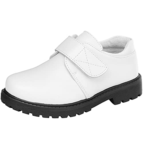 zpllsbratos Zapatos de Vestir Uniforme Niños Zapatos de Colegio Zapatilla de Cuero Mocasines(Blanco Velcro,40) Cover