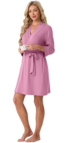 Image of PrinStory Womens Robe Knee Length Soft Knit Bathrobe S-2XL | V-Neck 3 /4 Sleeve Robes with Pockets, Lightweight, Breathable Bath Robe for Shower, Spa, Travel, Home, Party, Nursing