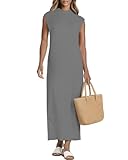 TZDNI Womens Summer Maxi Dress Long Sundresses Sleeveless Mock Neck Casual Work Beach Vacation HH25502 Grey XX-L