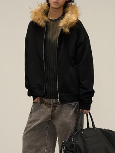 Men Hoodie Zip Up Y2k Zip Up Hoodie Fur Hooded Jacket Warm Winter Coat for Men with Hood Fur Collar Streetwear4