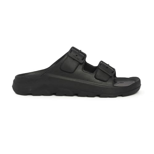 Image of Bata Men Black Comfort Sandals, Double Buckle Strap, EVA Material, Honeycomb Textured Sole, Casual Summer Waterproof Slides