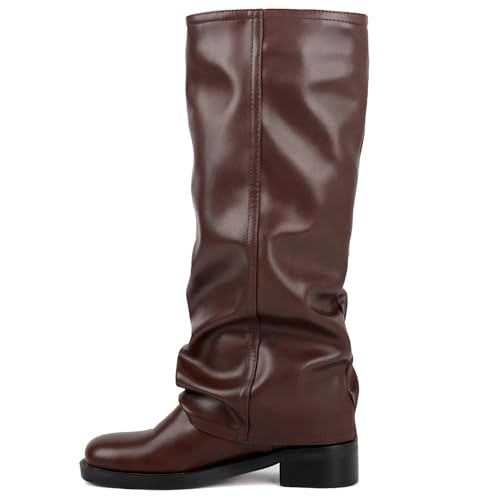 Image of ClassicSter Fold Over Knee High Boots Slouch Boots for Women Chunky Goth Platform Boots,2 inch Heel Wide Calf Long Boots Square Toe Riding Boots