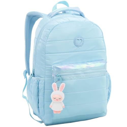 Mochila de Costas Escolar Juvenil, Compartimento para Notebook Caderno, Material Reforçado, Zíper Resitente, P/Meninas (Azul)