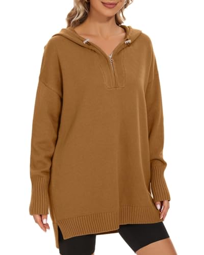 Image of Women's Hooded Sweater Loose Half Zip Drawstring Pullover Sweatshirt Top Casual Long Sleeve Side Slit Knit Hoodie