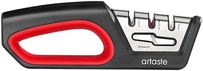 Artaste 4-in-1 Knife and Scissor Sharpener, Manual Kitchen Knife Sharpener with Coarse, Medium, and Super Fine Sharpening Slots, Scissor Sharpener, Ergonomic Non-Slip Handle, Black and Red image 3