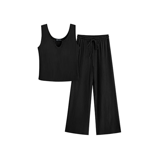 PRETTYGARDEN Womens Summer Casual Two Piece Outfits Sweatsuits Tank Scoop Neck Ribbed Knit Long Pants Tracksuits(Black, Medium)