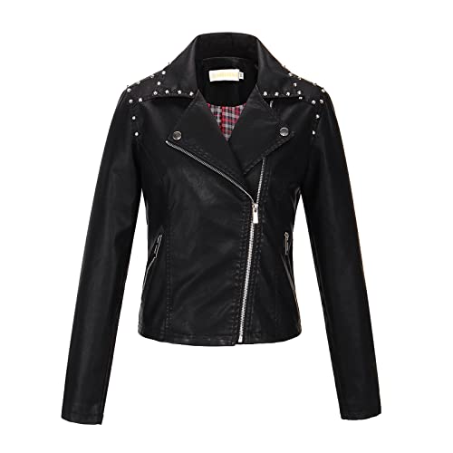 PSKSER Damen Lederjacke Rivet Punk Rock Lederjacke Kunstleder Reißverschlussjacke Mantel Kurzes Oberteil Bikerjacke aus Kunstleder Cover