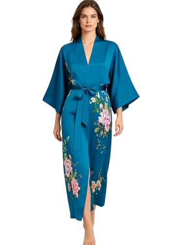 Image of Women's Classic 100% Silk Kimono Robe, Bathrobe-Printed Pattern