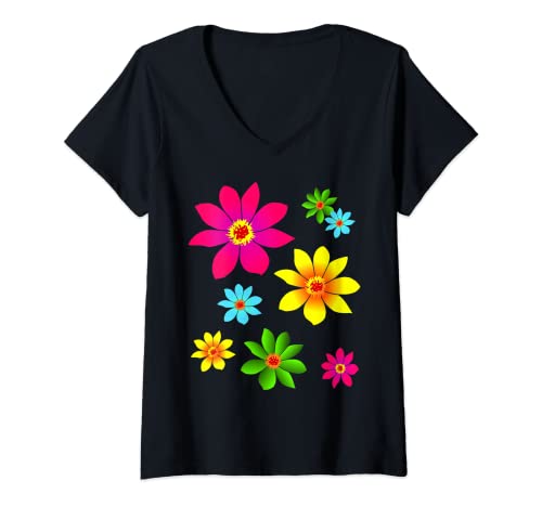 Damen bunte Blumen, farbenfroh, blühend, Blüte, blumig, floral T-Shirt mit V-Ausschnitt