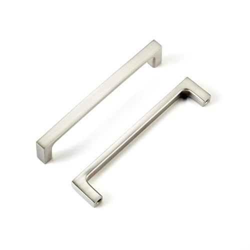 SUNCN キッチンキャビネット用取っ手 つや消しサテンニッケル 2個パック 5インチ (128mm) 穴センター シルバー モダン スクエア フラット ハードウェア ハンドル ノブ キャビネ ドア 引き出し 食器棚 家具 ドレッサー用
