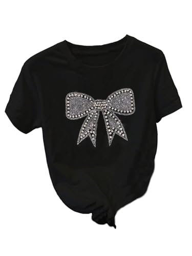 Image of RoseSeek Women's Beaded Sequin Tops Bowknot Bow T Shirt Short Sleeve Crewneck Trendy Tee Top Y2k Tops