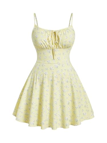 Image of Floerns Women's Plus Size Boho Floral Milkmaid Bow Tie Ruched Cami Summer Holiday Flowy Mini Dress