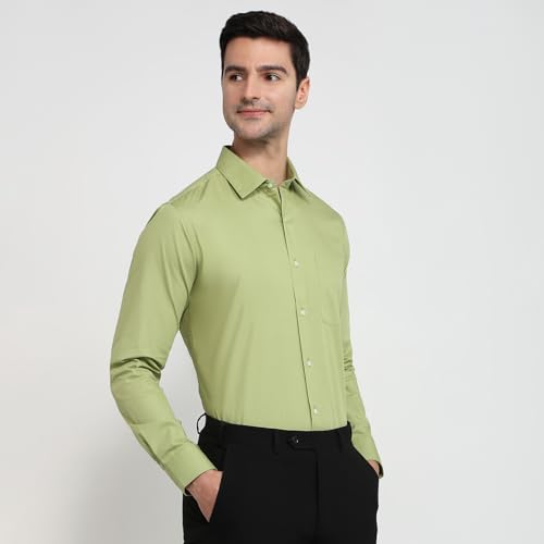 Image of Raymond Men Slim Fit Solid Pattern Pure Cotton Semicutaway Collar Full Sleeve Formal Shirt Green
