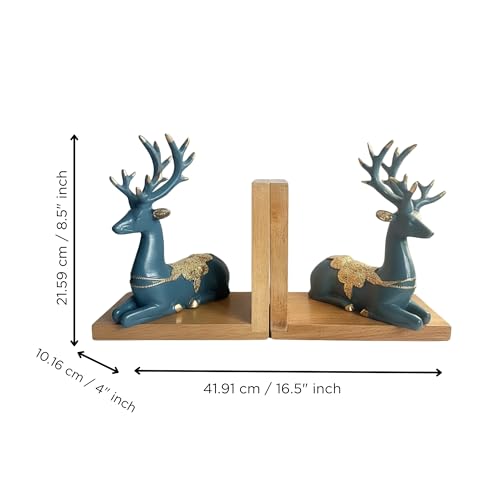 Image of eCraftIndia Wooden Book End with Resin Reindeer Sculptures Showpiece for Home Decor Office Table | Gift for Housewarming Birthday