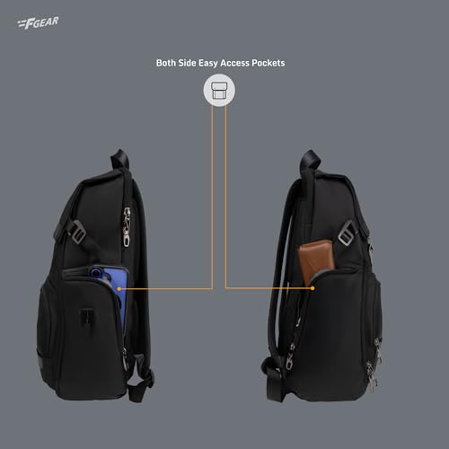 Image of F Gear Saber Premium Black Laptop Backpack| 23L Water-Resistant Office & College Bag | 2 compartments 5 Pockets| USB & Type C Port, Luggage Strap, Fits 17 Inch Laptop |Men & Women