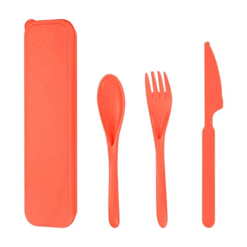 AFXGUSD Outdoor Dining Utensil Set with Spoon Fork and Straw for Camping, red