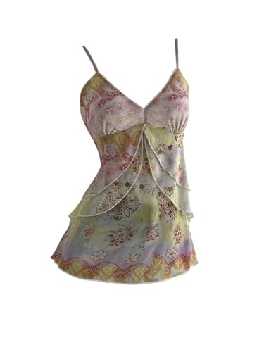 Verdusa Women's Y2k Mesh Tank Top Babydoll Floral Camisole 2000s Clothing Ruffle Going Out Tops Whimsical Clothes Multicolor X-Small